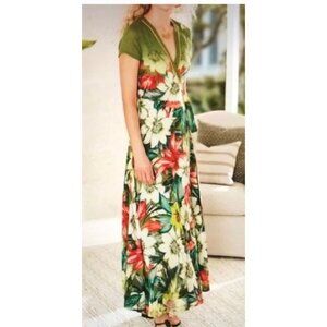 Soft Surroundings Wrap Maxi Dress Medium Green Floral Tropical Cotton Resortwear